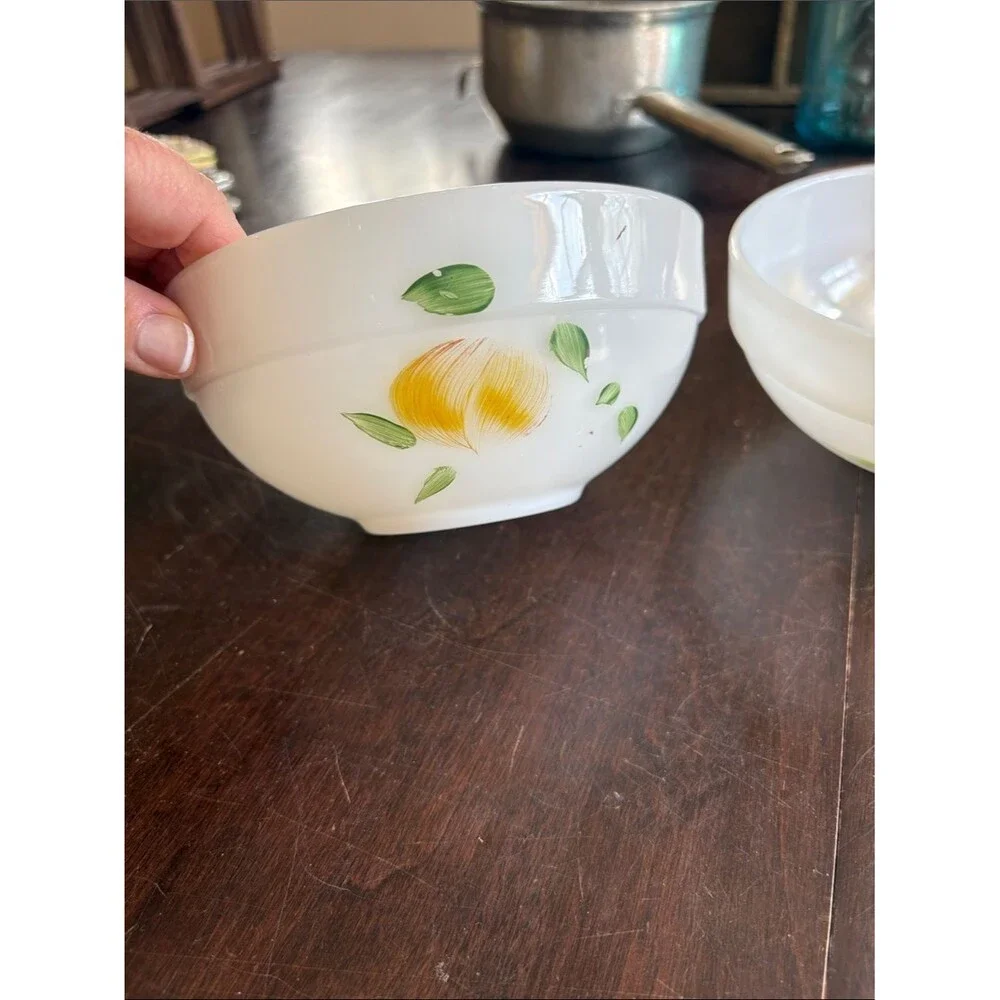 2 Vintage Fire-King milk glass bowls hand-painted fruit design